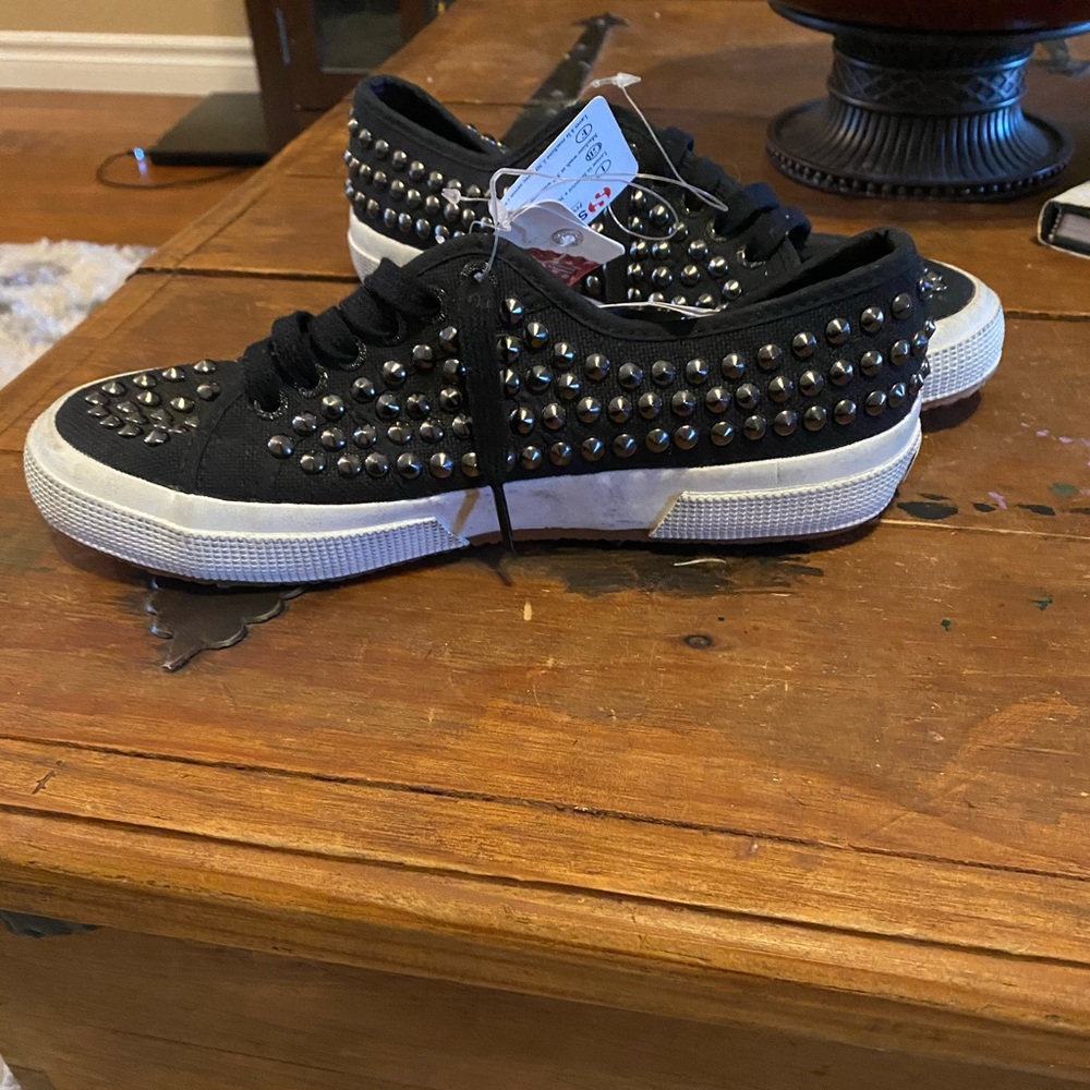 Superga women’s black studded tennis shoes
